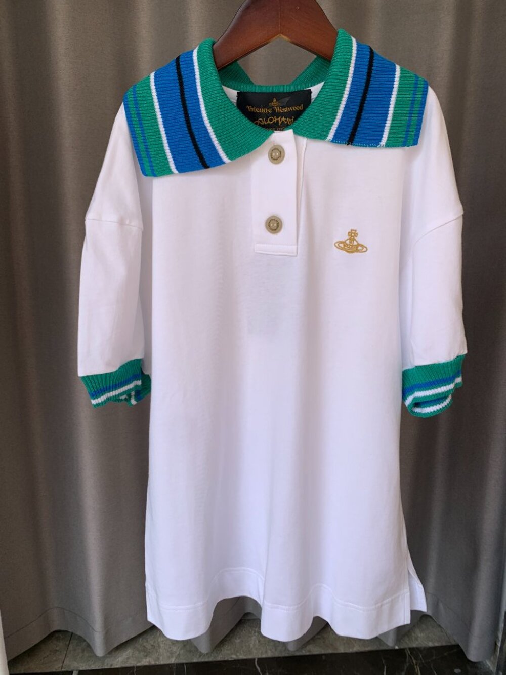 Vivienne Westwood White Ribbed Knit Collar Puff Sleeve Polo Orb Logo Size 38/ M